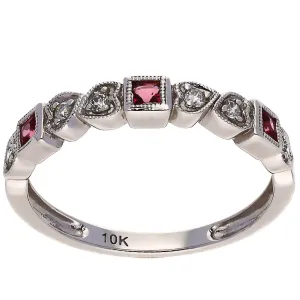 10K White Gold Square Pink Tourmaline and Round Diamond Stackable Band Ring