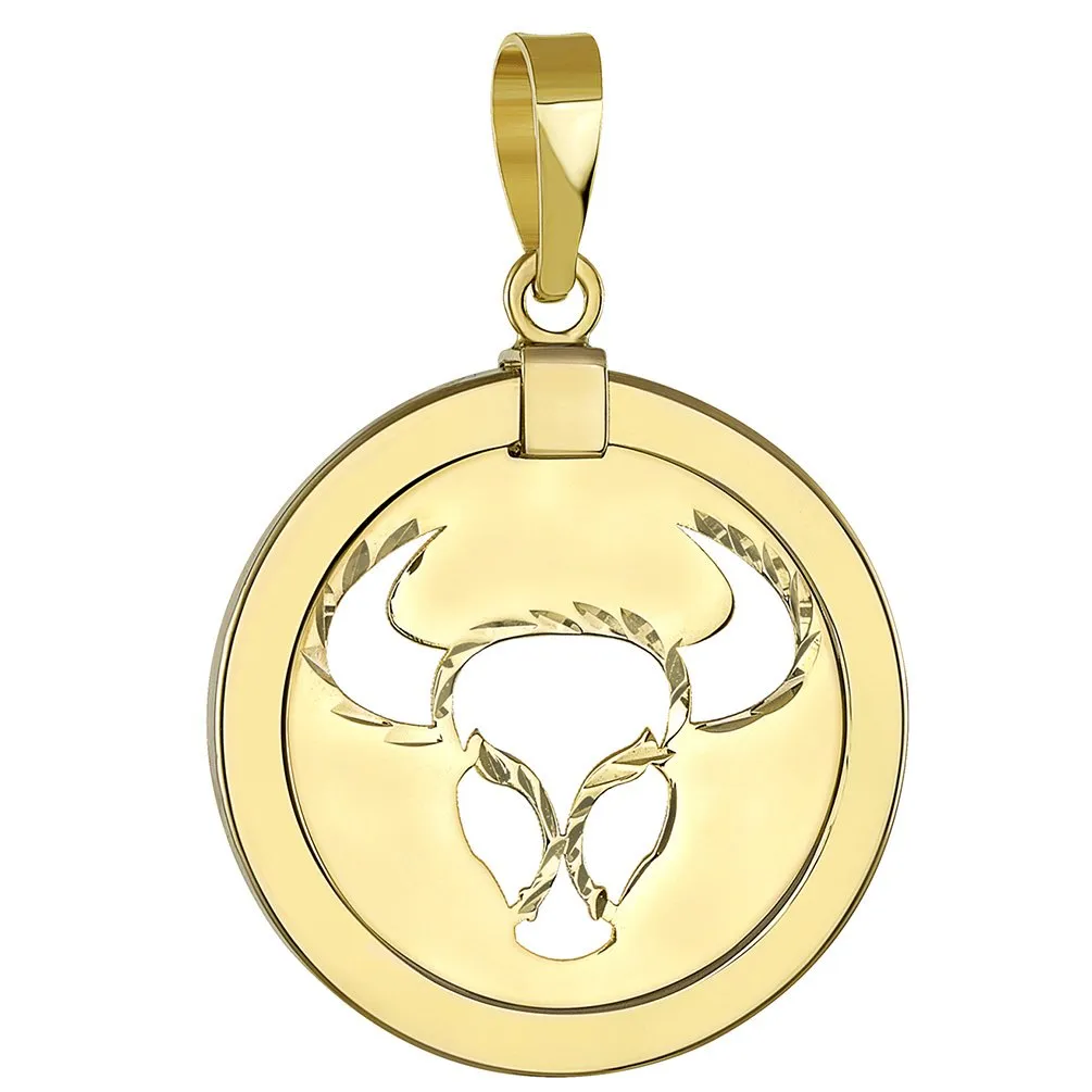 14K Gold Reversible Round Bull Taurus Zodiac Sign Pendant - Yellow Gold