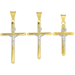 14k Two Tone Gold Christian Tube Cross Charm INRI Crucifix Pendant - 3 Different Size Available