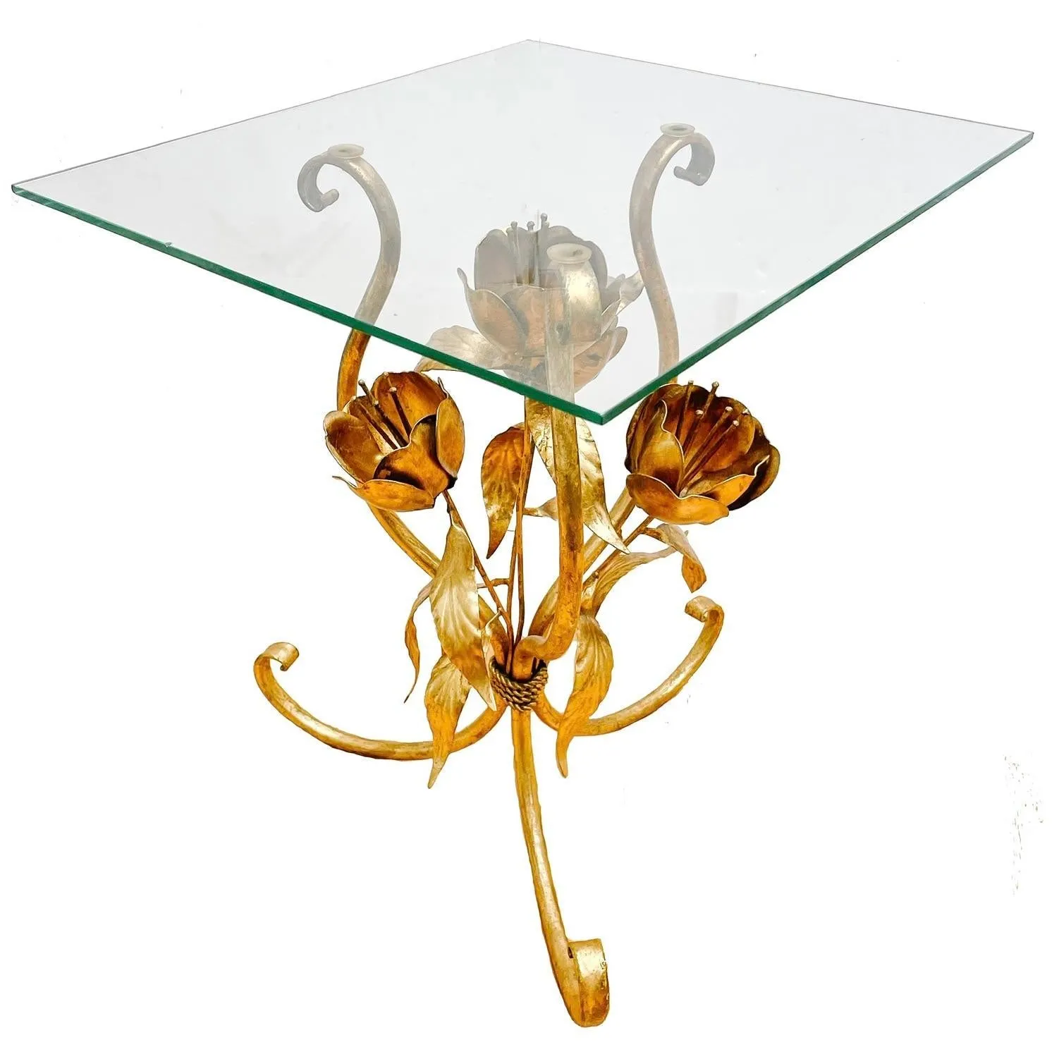 1970s Hans Kögl Gold Tole Flower Accent Tables With Glass Tops