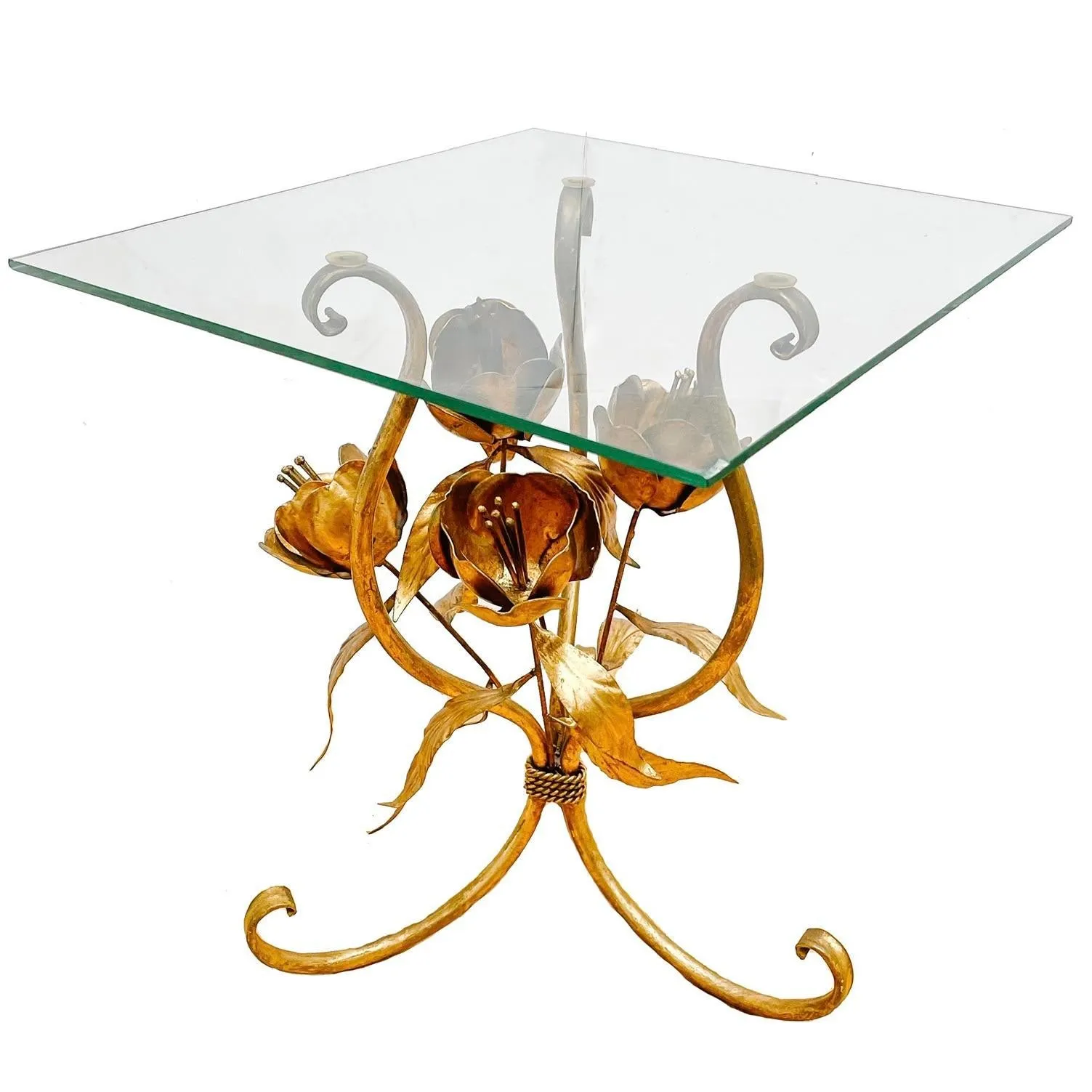 1970s Hans Kögl Gold Tole Flower Accent Tables With Glass Tops