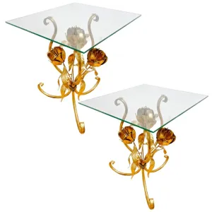 1970s Hans Kögl Gold Tole Flower Accent Tables With Glass Tops