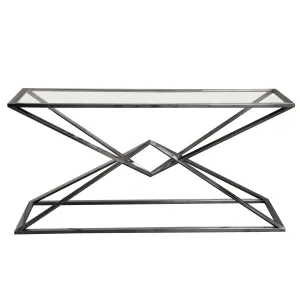 Aria Rectangle Stainless Steel Console Table w/ Polished Black Finish Base & Clear, Tempered Glass Top by Diamond Sofa