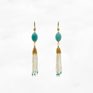 Auspicious Clouds Turquoise and Pearl Tassel Earrings