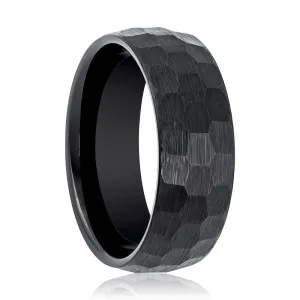 BRUTE | Black Tungsten Ring, Hammered Faceted, Domed