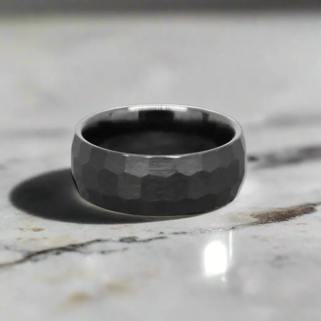 BRUTE | Black Tungsten Ring, Hammered Faceted, Domed