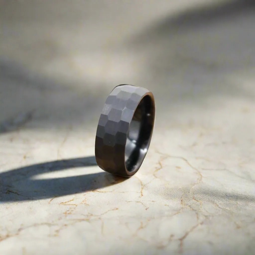 BRUTE | Black Tungsten Ring, Hammered Faceted, Domed