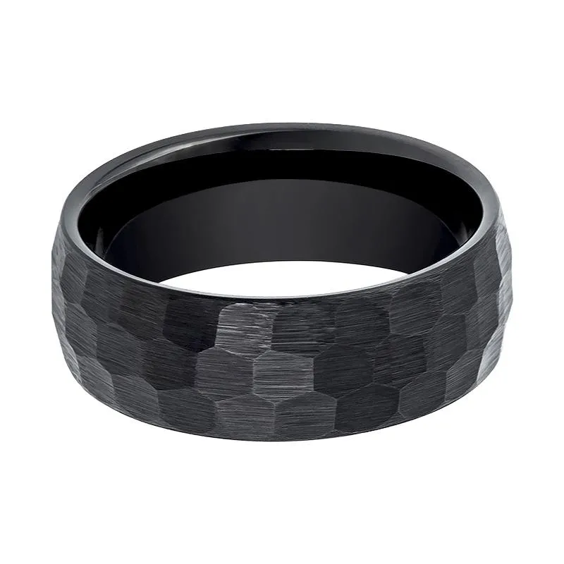 BRUTE | Black Tungsten Ring, Hammered Faceted, Domed