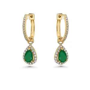 Diamond Hoop & Dangle Emerald Pear Shape With Diamond Halo Earrings (1.06 ct.) in 14K Gold