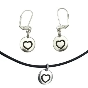 DragonWeave Heart Circle Charm Necklace and Earring Set, Silver Plated Black Leather Choker and Leverback Earrings