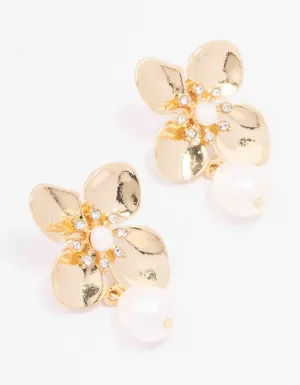 Gold Plated Crystal Flower Pearl Drop Earrings