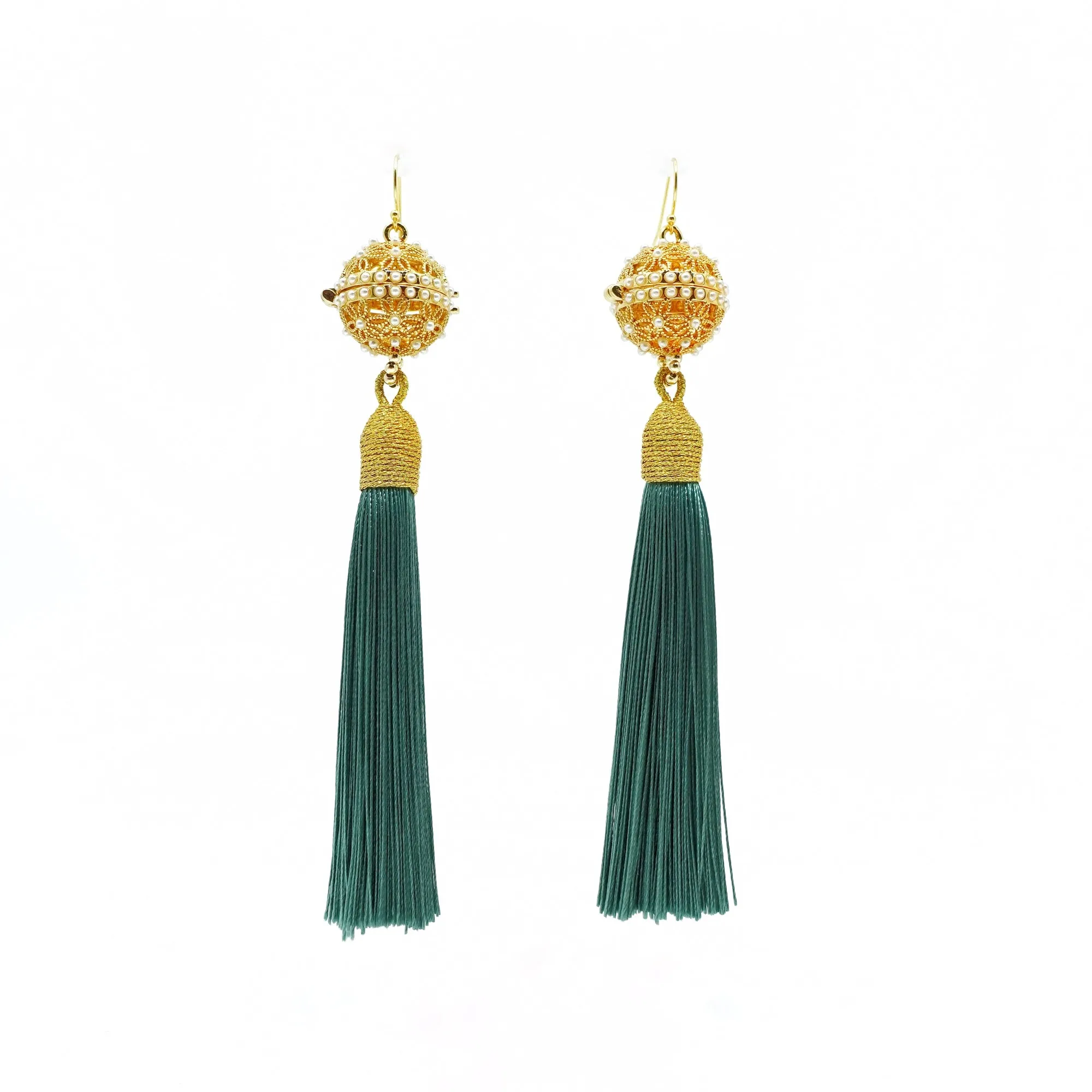 Herbal Locket Silk Tassel Earrings - Jade Green