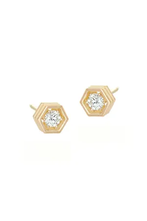 Hex Strata Stud Earrings - White Diamonds in Yellow Gold