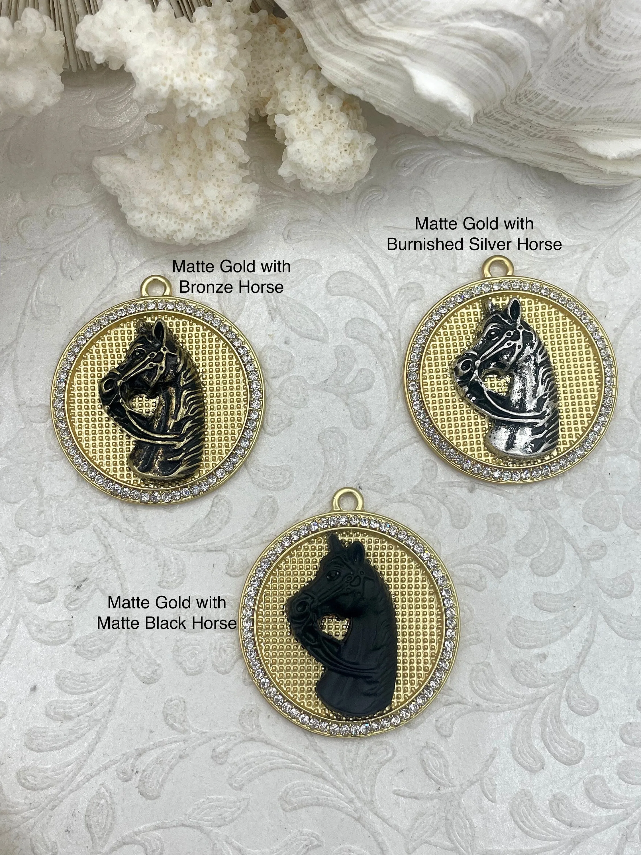 Horse Pendant with CZ, Round Horse Charm, Equestrian Charm, Horse Pendant, Equestrian Pendant, Zinc Alloy & Cubic Zirconia, Fast Ship