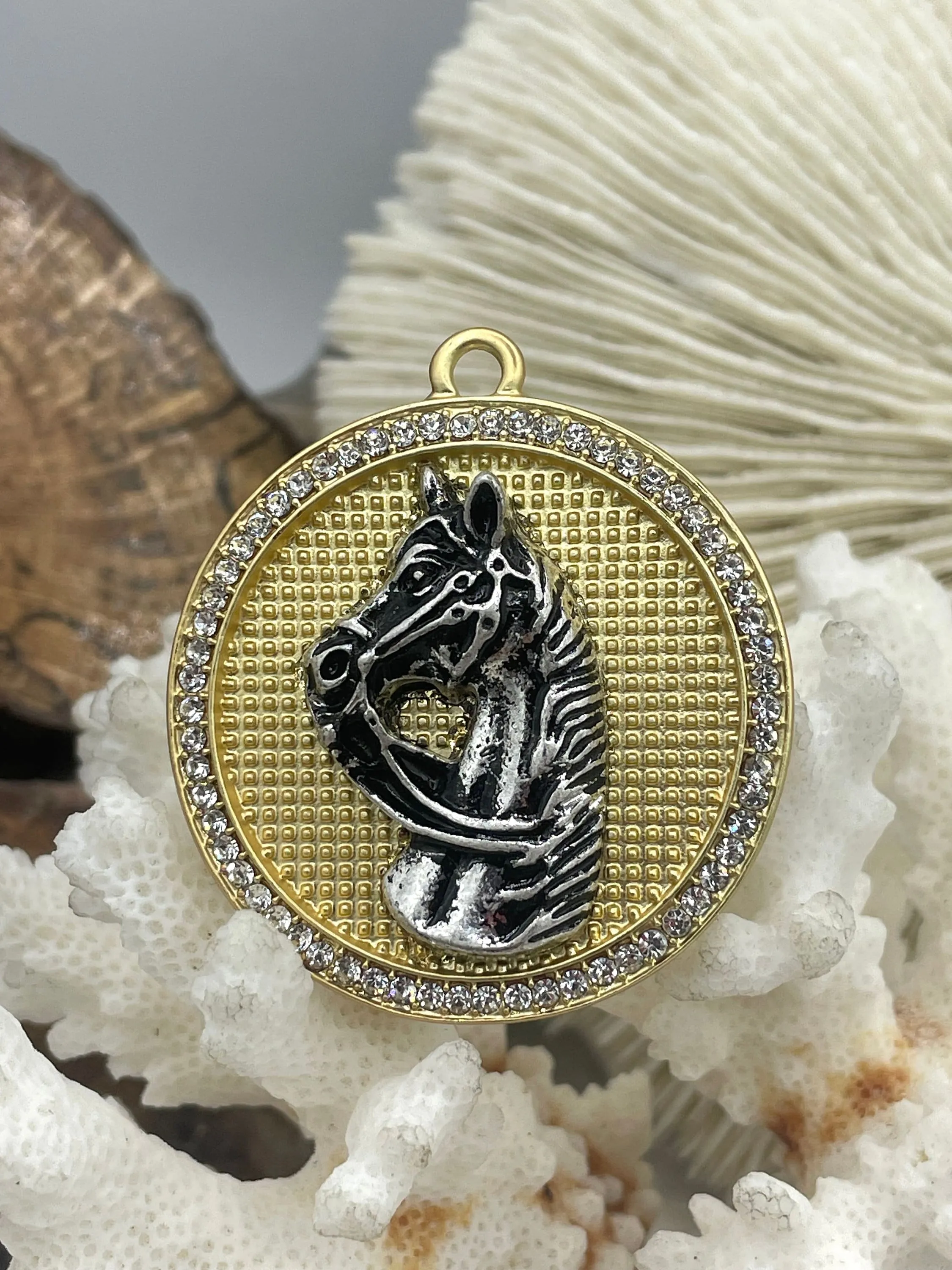 Horse Pendant with CZ, Round Horse Charm, Equestrian Charm, Horse Pendant, Equestrian Pendant, Zinc Alloy & Cubic Zirconia, Fast Ship