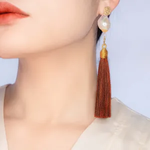 Large Baroque Pearl Red Brown Silk Tassel Earrings