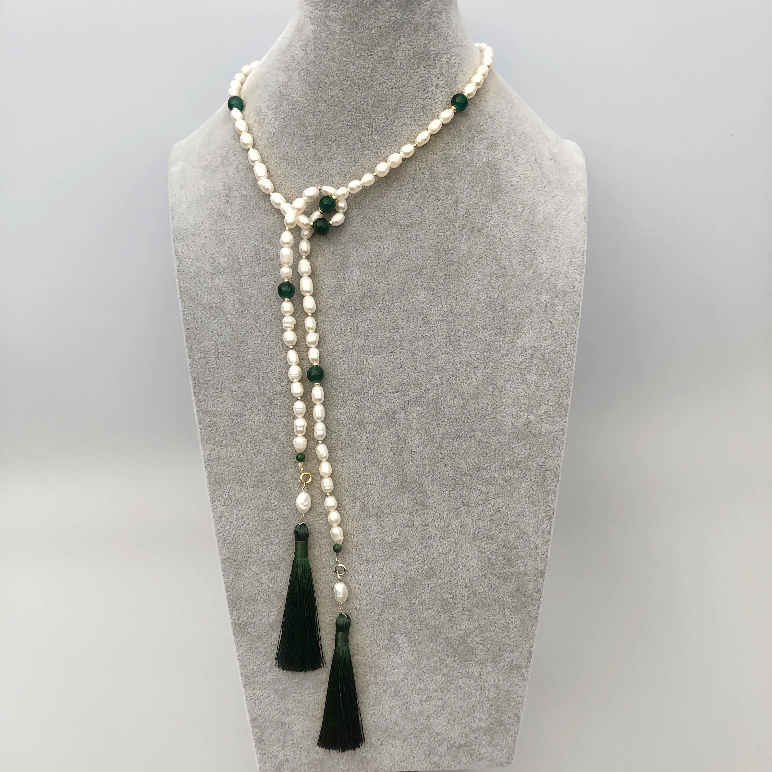 Return to Origin Beaded Pearl Lariat Necklace Set with Green Tassels