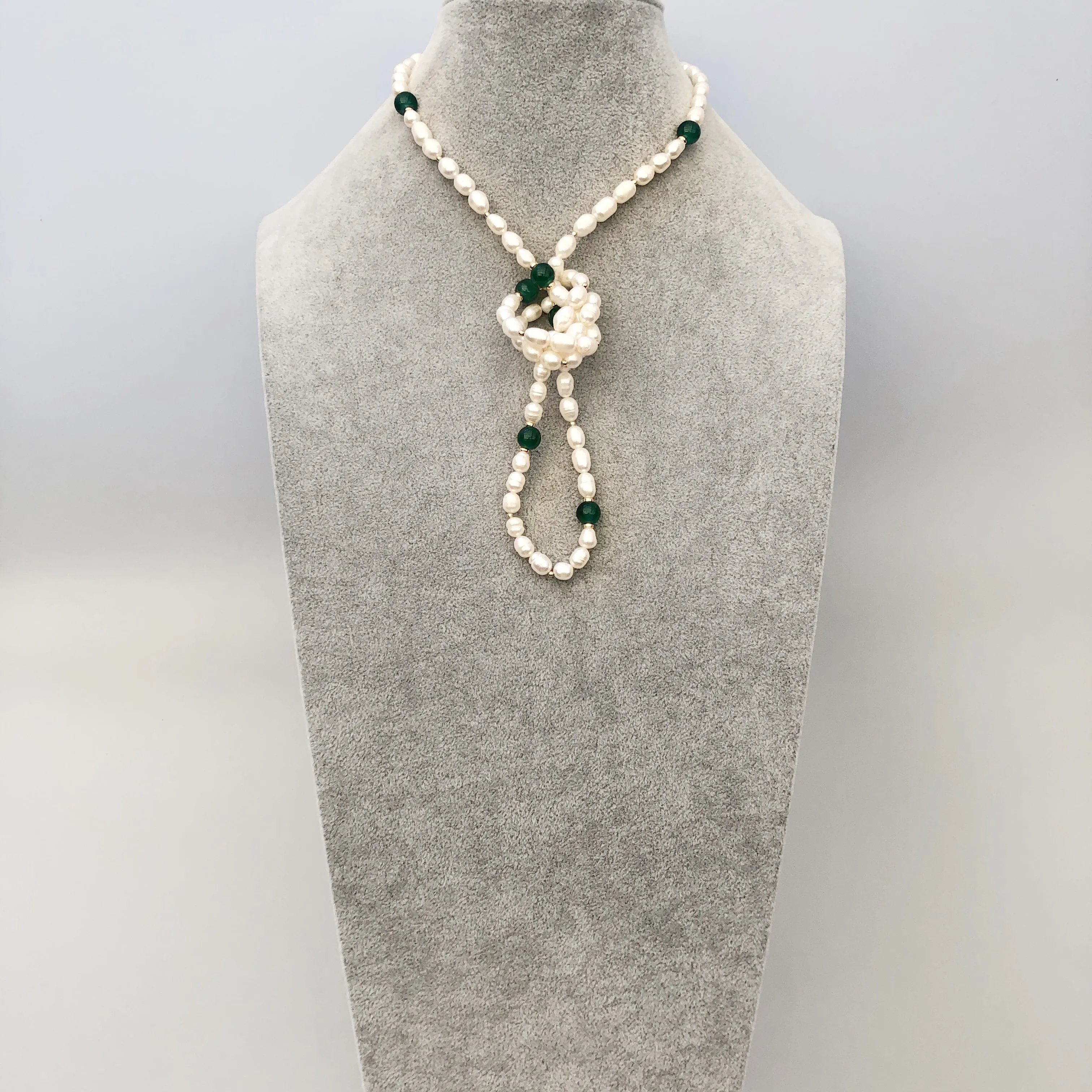 Return to Origin Beaded Pearl Lariat Necklace Set with Green Tassels