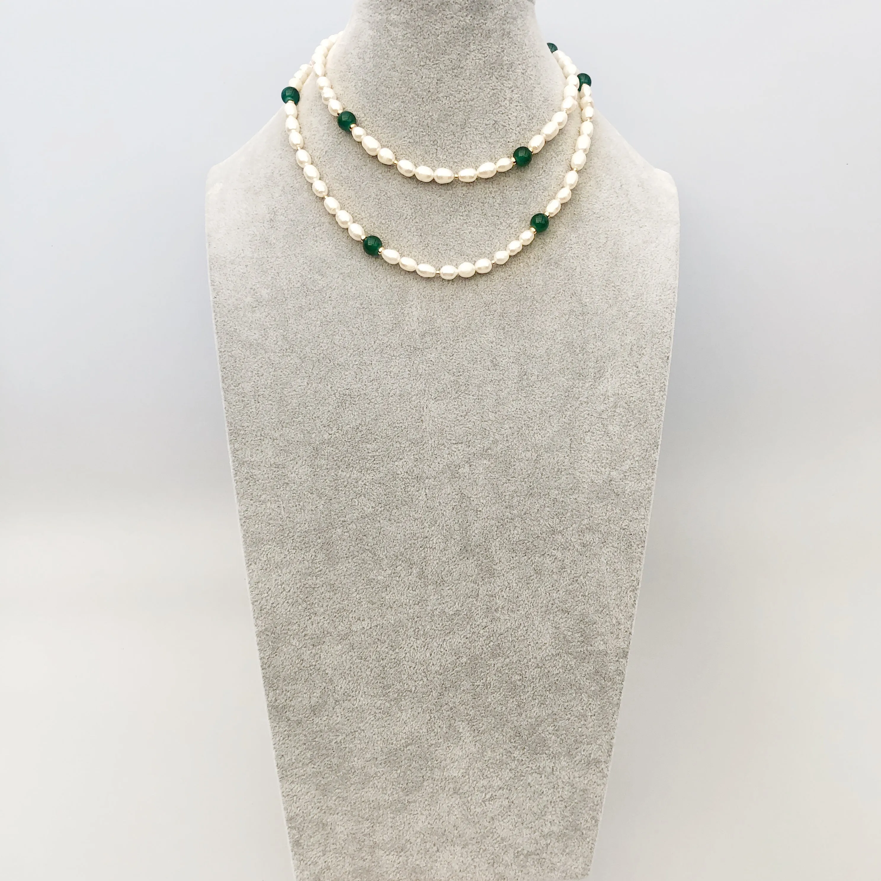 Return to Origin Beaded Pearl Lariat Necklace Set with Green Tassels