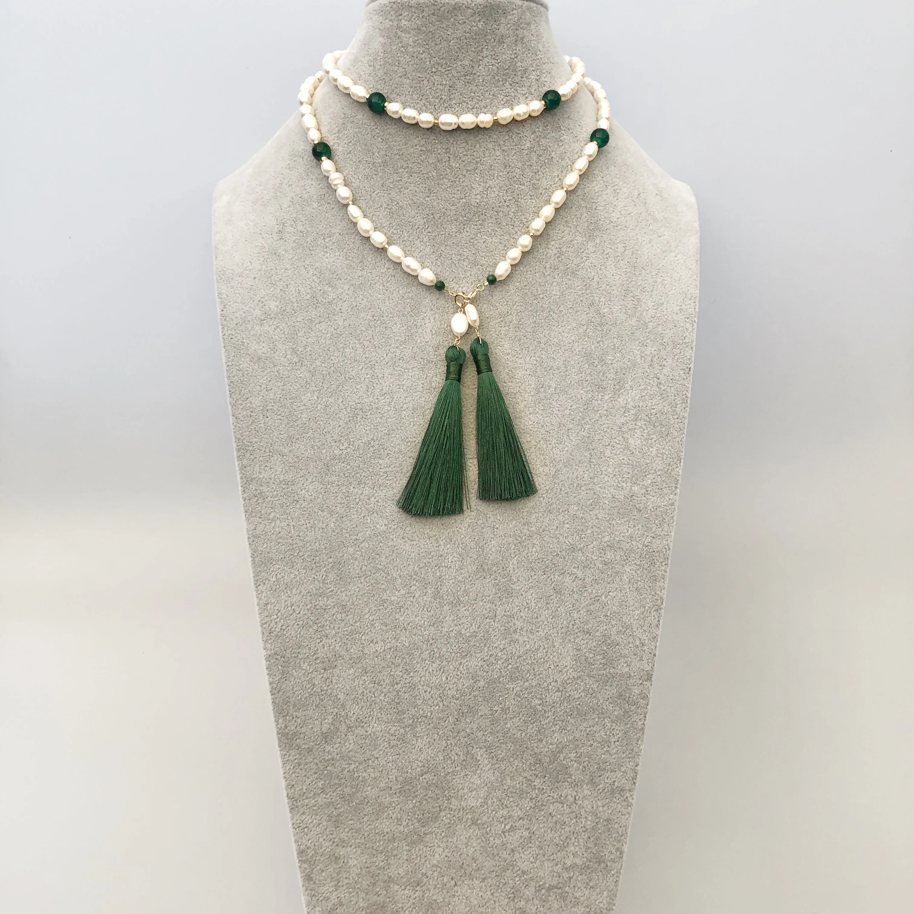 Return to Origin Beaded Pearl Lariat Necklace Set with Green Tassels