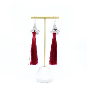 Silver Red Silk Tassel Earrings Short