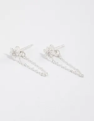 Sterling Silver Flower Stud Chain Earrings