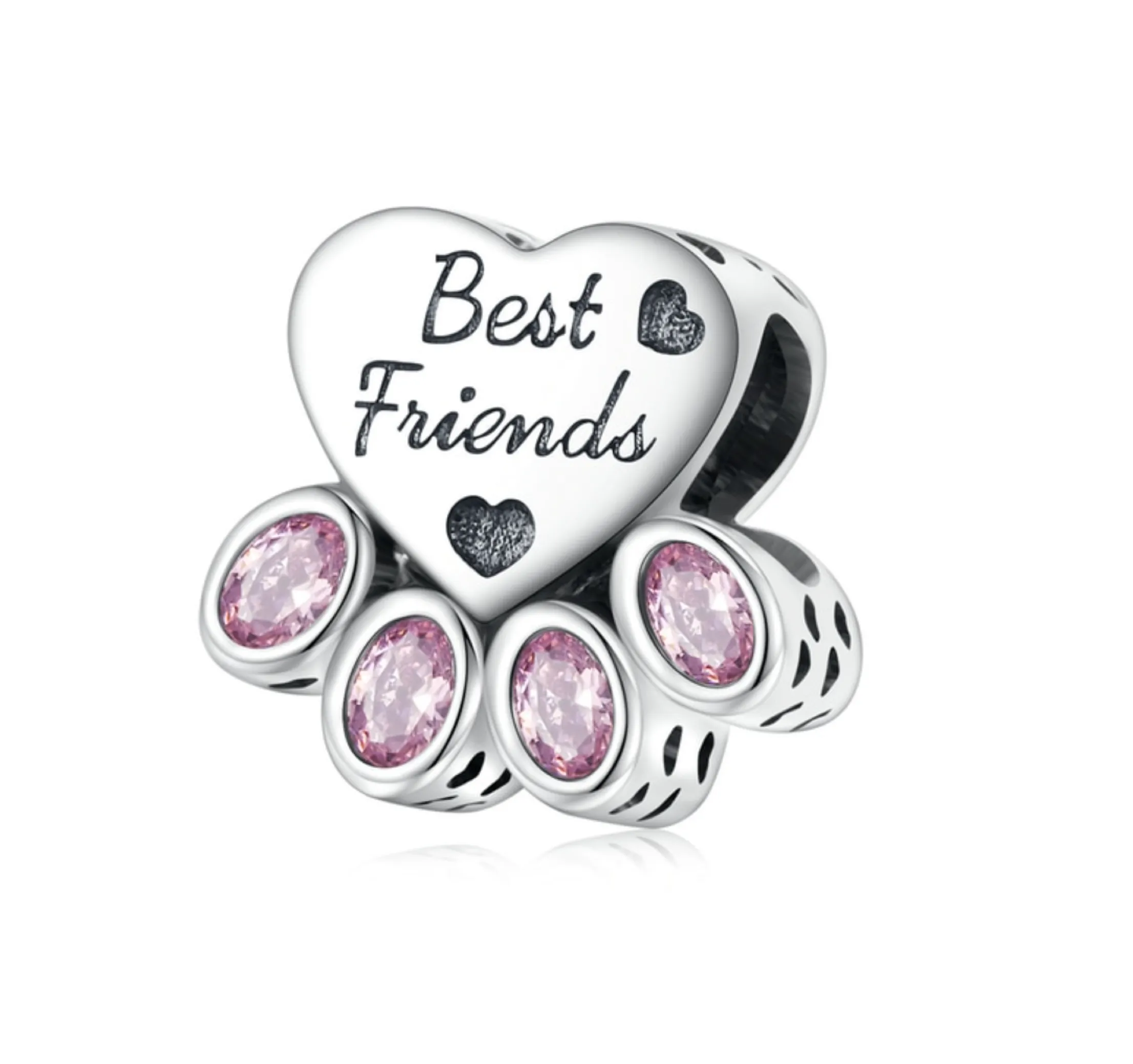 Sterling Silver Pink Cubic Zirconia Paw Print Best Friends Heart Charm