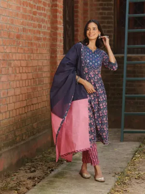 TARA - FLORAL PRINT PURE COTTON A-LINE KURTA SET WITH MULMUL DUPATTA AND INTRICATE EMBROIDERY WORK