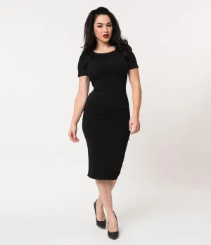 Unique Vintage 1960s Style Black Short Sleeve Stretch Mod Wiggle Dress